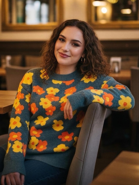 Cider Sweaters - Cider Women's Teal Sweater with Orange and Yellow Floral Pattern Size M